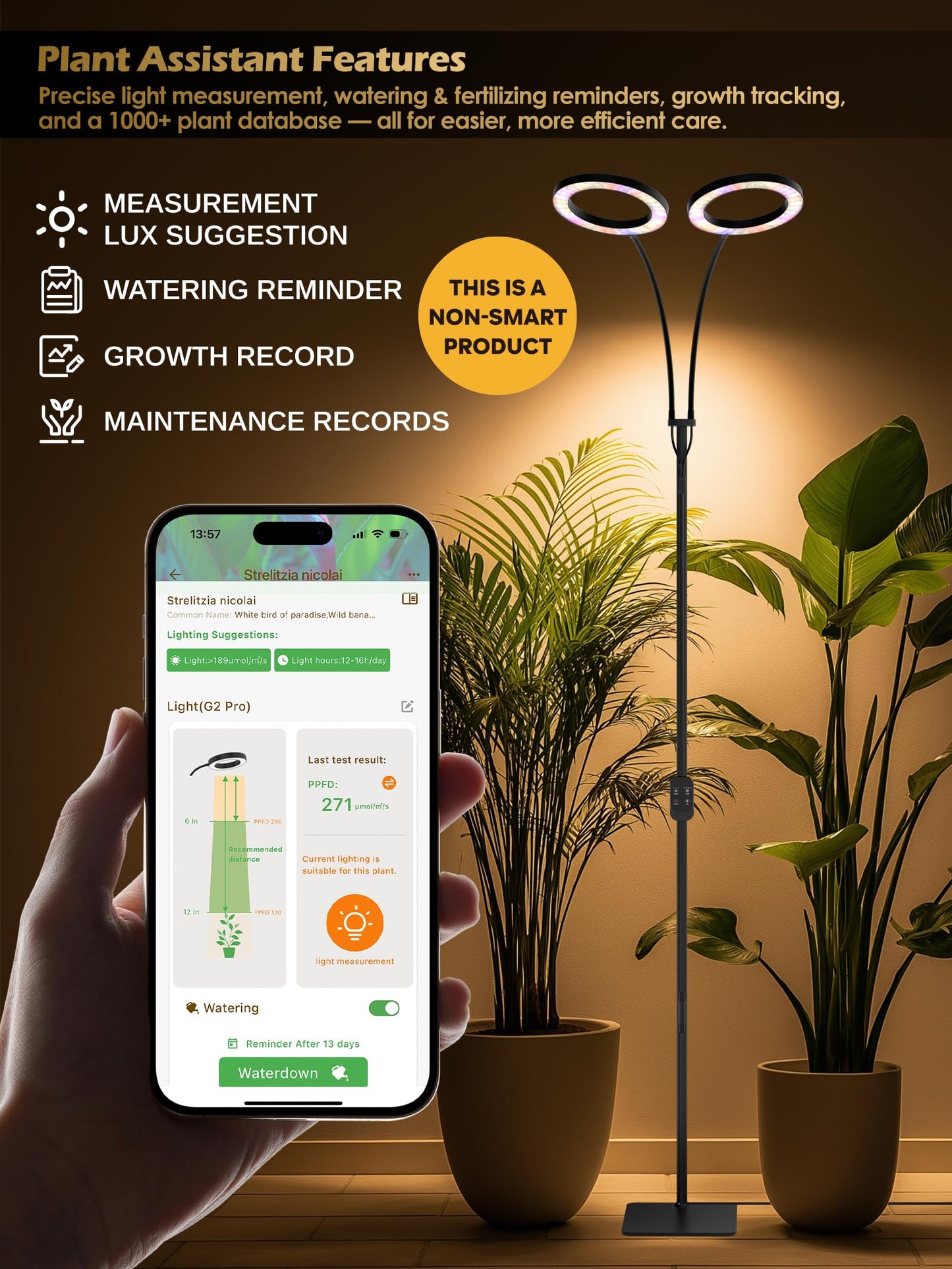 GLOWRIUM Grow Lights for Indoor Plants, Full Spectrum LED Grow Light, Stepless Dimming,3 Lighting Mode and Adjustable Height, Plant Light with 3/9/12/16H Timer (Black, 48W)