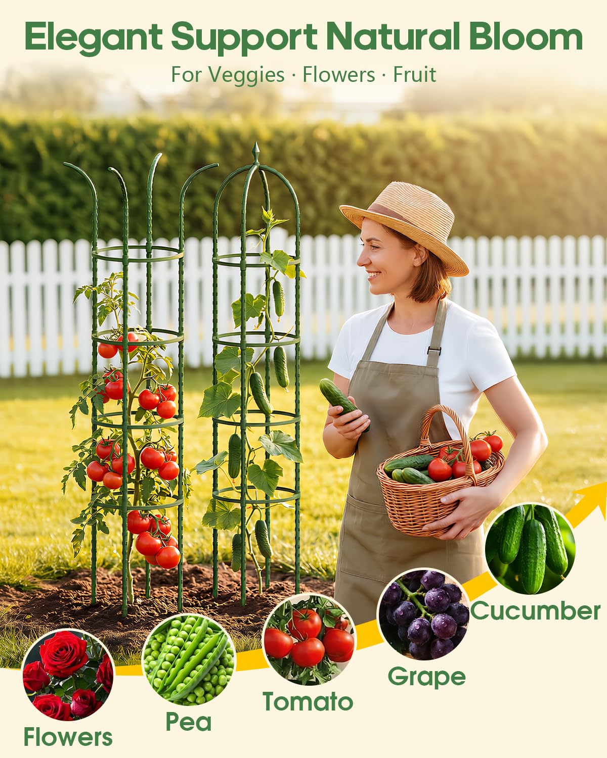 Joyhalo 2 Pack Trellis for Climbing Plants Outdoor, 6.2ft High Adjustable Garden Trellis for Flowers, Green Plastic Coated Steel Plant Stakes Use As Tomato Cage