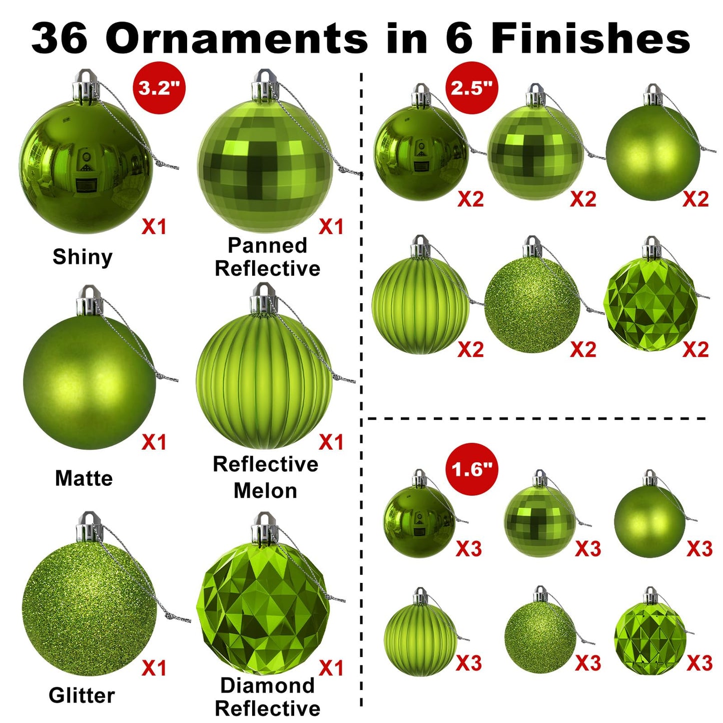 Lime Green Christmas Ornaments - Christmas Tree Decorations Shatterproof Hanging Balls for Birthday St. Patrick's Day Easter Mardi Gras Wedding Decorations Set of 36pcs, Multi-Sizes(1.6",2.5",3.2")