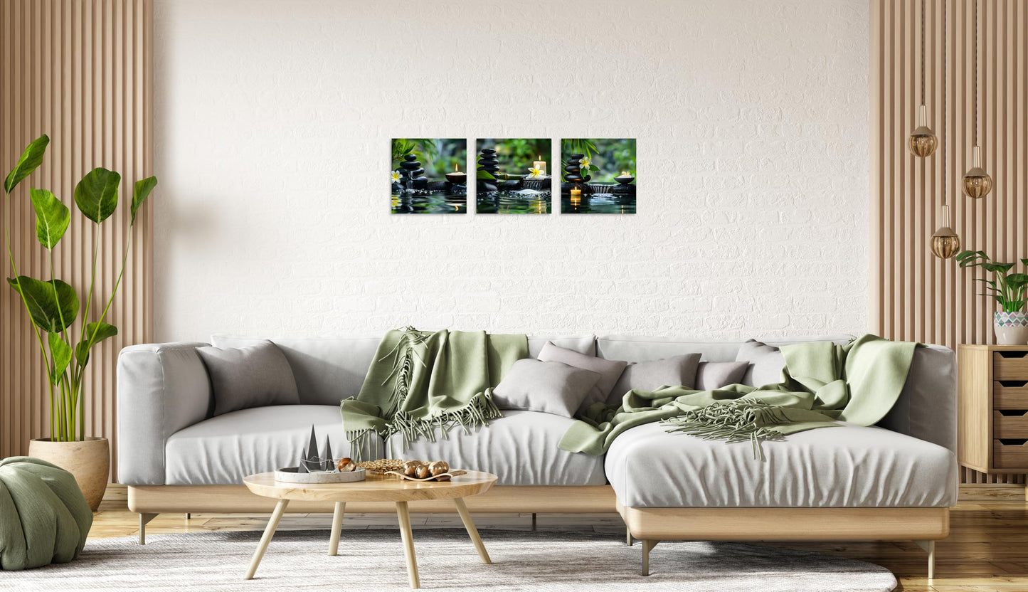 TutuBeer 3 Panels Zen Wall Art Zen Pictures for Bathroom Spa Stone Green Bamboo White Frangipani Flower Pictures Print on Canvas for Home Office Kitchen Wall Decor Stretched and Framed 12x12inchx3