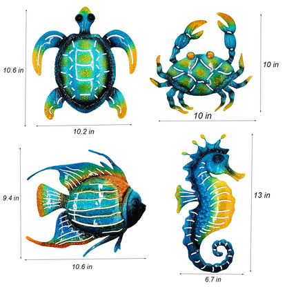 Meduofon Set of 4 Blue Metal Outdoor Wall Art Decor, Turtle, Fish, Crab, Seahorse, Coastal Style, Suitable for Indoor/Outdoor Use