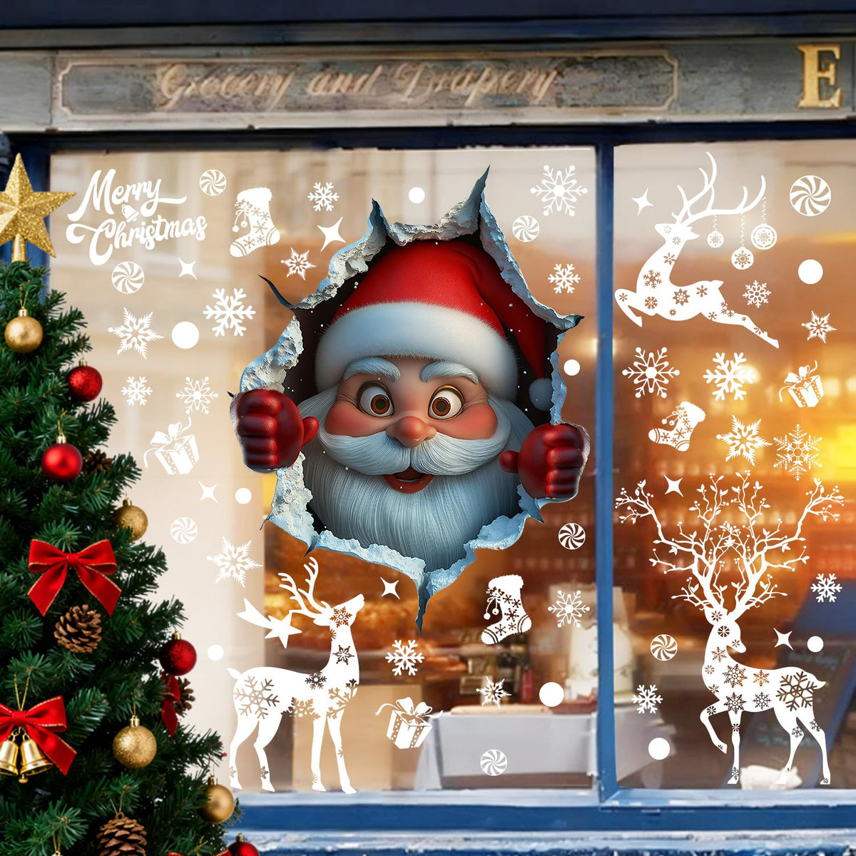 178Pcs Large Christmas Window Clings for Glass, Xmas Snowflake Cling Winter Stickers Reusable Double-Sided Outdoor Window Christmas Decoration for Santa Claus Reindeer Peppermint Decals Holiday Decor