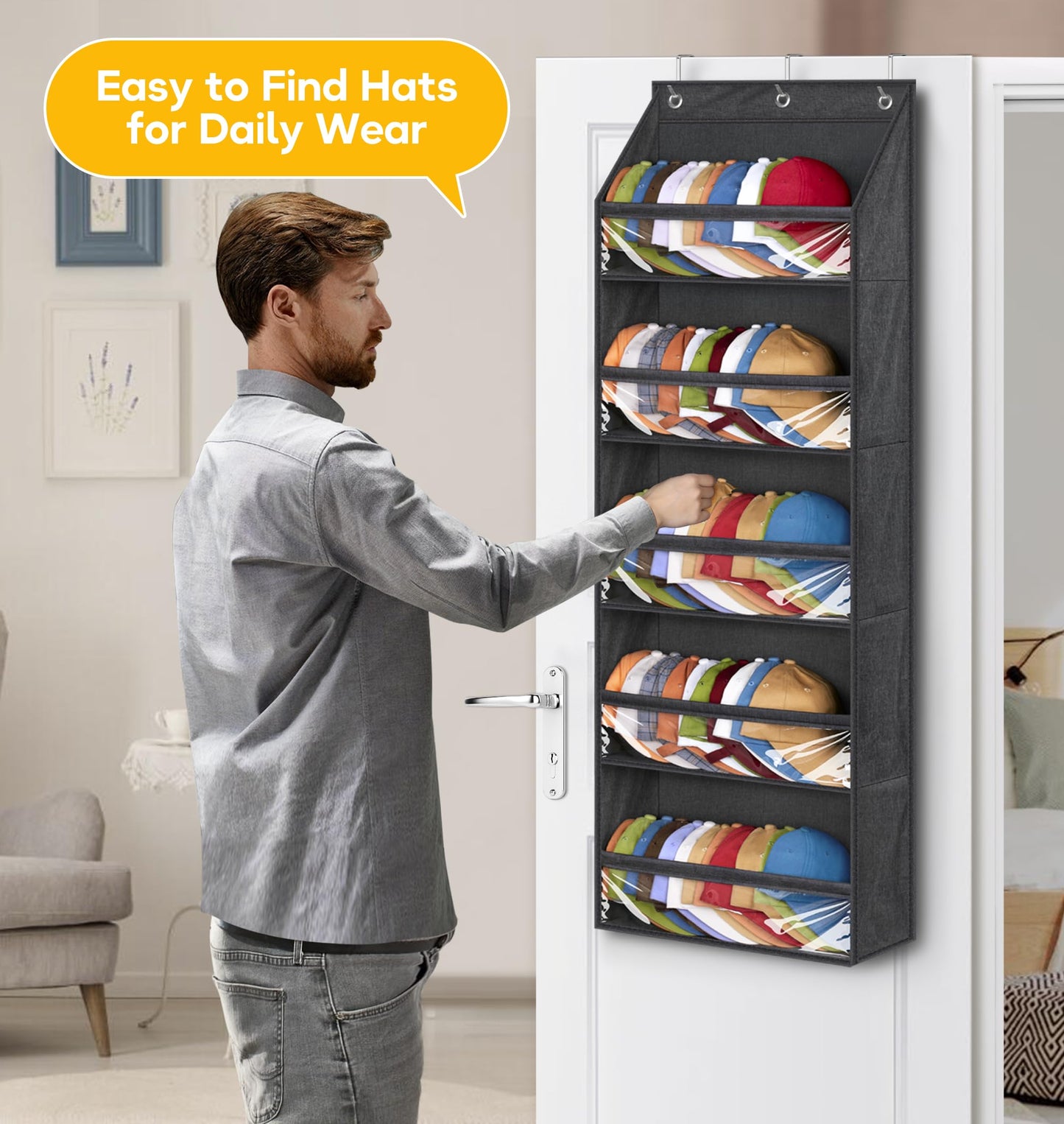 SLEEPING LAMB Over Door Hat Racks for Baseball Caps, Clear Deep Pockets Hat Organizer for Closet or Wall Hold 60 Hats Storage Holder With 3 Hooks Caps Display (Black)