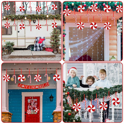 Soaoo 30 Pcs Outdoor Christmas Candy Cane Decorations Hanging Peppermint Christmas Yard Signs Double Sided Lawn Decorations Plastic Outside Hanging Yard Decor for Xmas Tree Porch Home