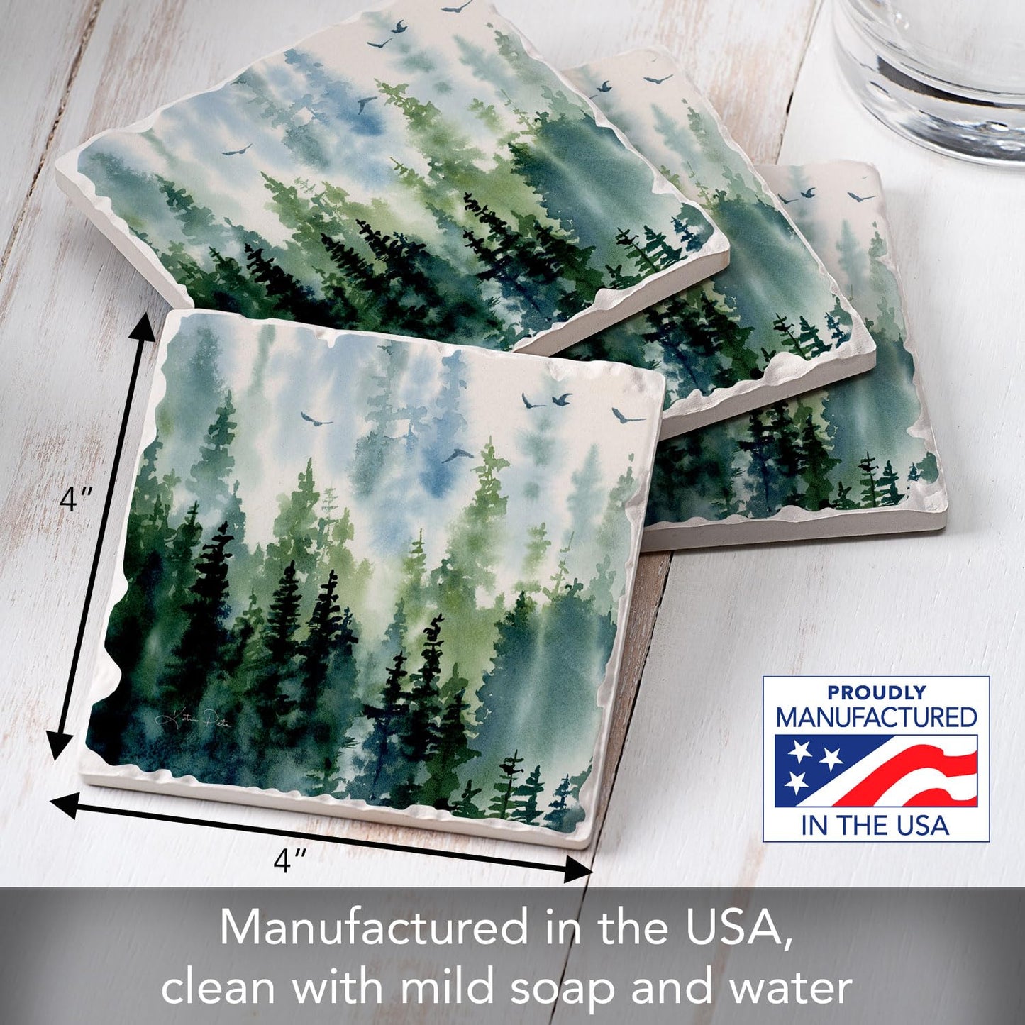 Thirstystone Tree Line 4 Pack Assorted Tumbled Tile Stone Coasters with Protective Cork Backing 4" Square Manufactured in The USA