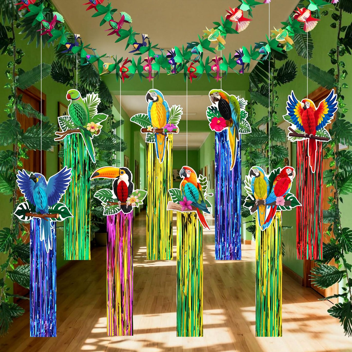 Gemscream 10 Pack 2026vbs Rainforest Tropical Birds Decorations Set Hawaiian Luau Party Supplies Includes 8 Pcs Tassel Hanging Swirls 2 Pcs 6.6ft Tropical Garland Decor for Beach Birds Birthday Party