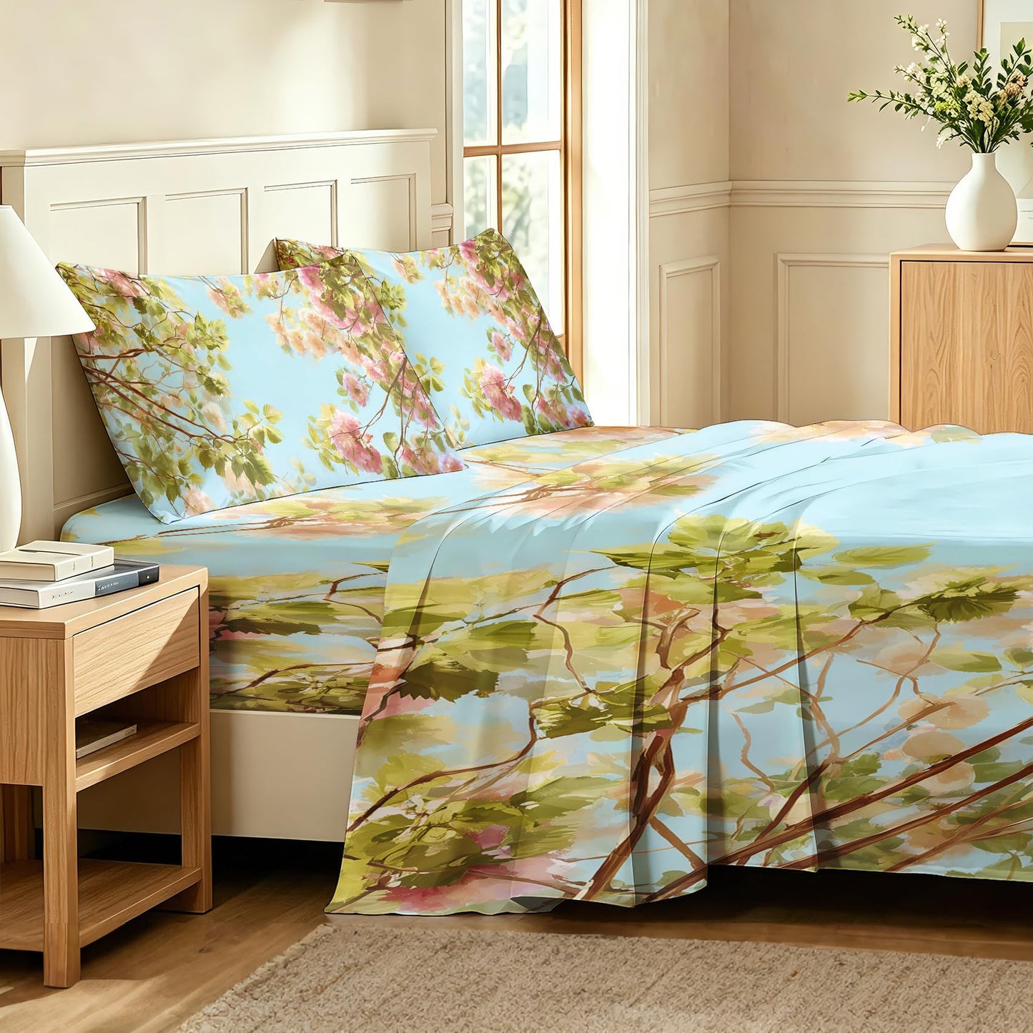 Spring Flower Bedding Set 4 Pcs Blue Sky Floral Queen Sheets