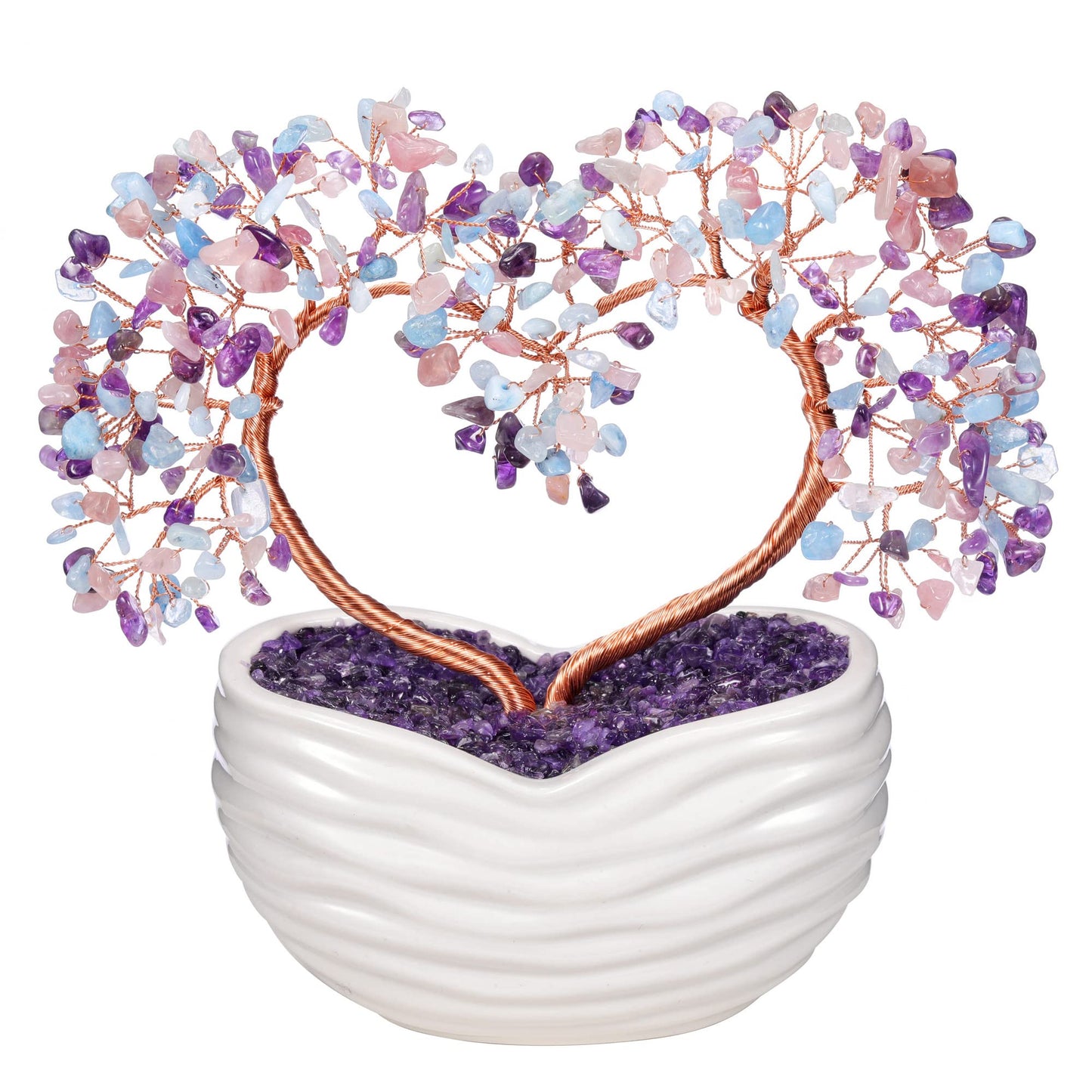 GEHECRST Healing Crystal Heart Tree Handmade Amethyst Rose Quartz Aquamarine Crystal Gemstone Money Tree Feng Shui Ornament for Home Office Desk Decor Gifts for Mom Women Christmas