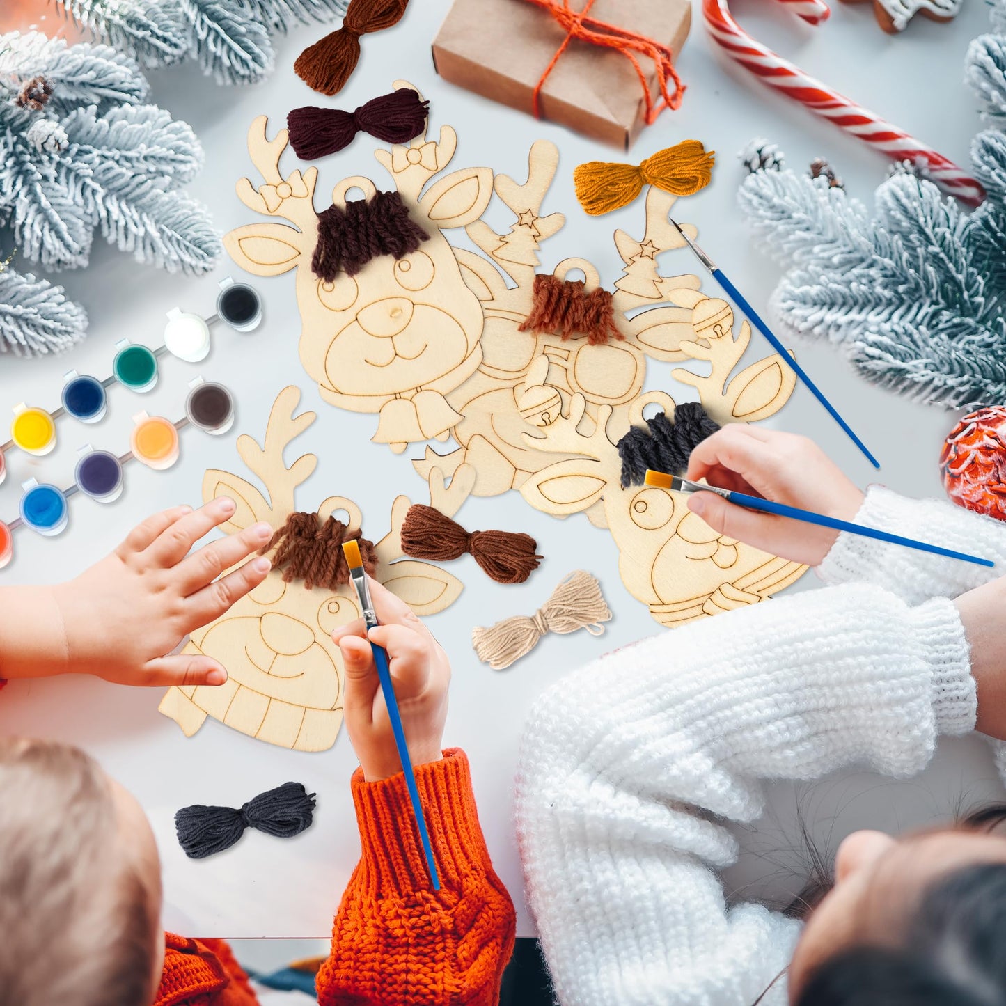 WATINC Wooden Christmas Reindeer Craft Kits - 24PCS Paint You Own Painting Art Work, Unfinished Deer Wood Slices Crafts Party Favor Supplies, DIY Reindeer Hanging Ornament Decoration for Boys Girls