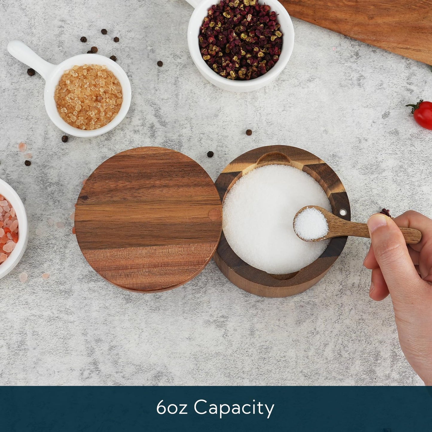 KITCHENDAO Porcelain Sugar Bowl and Acacia Wood Salt Cellar Bowl Box with Spoon