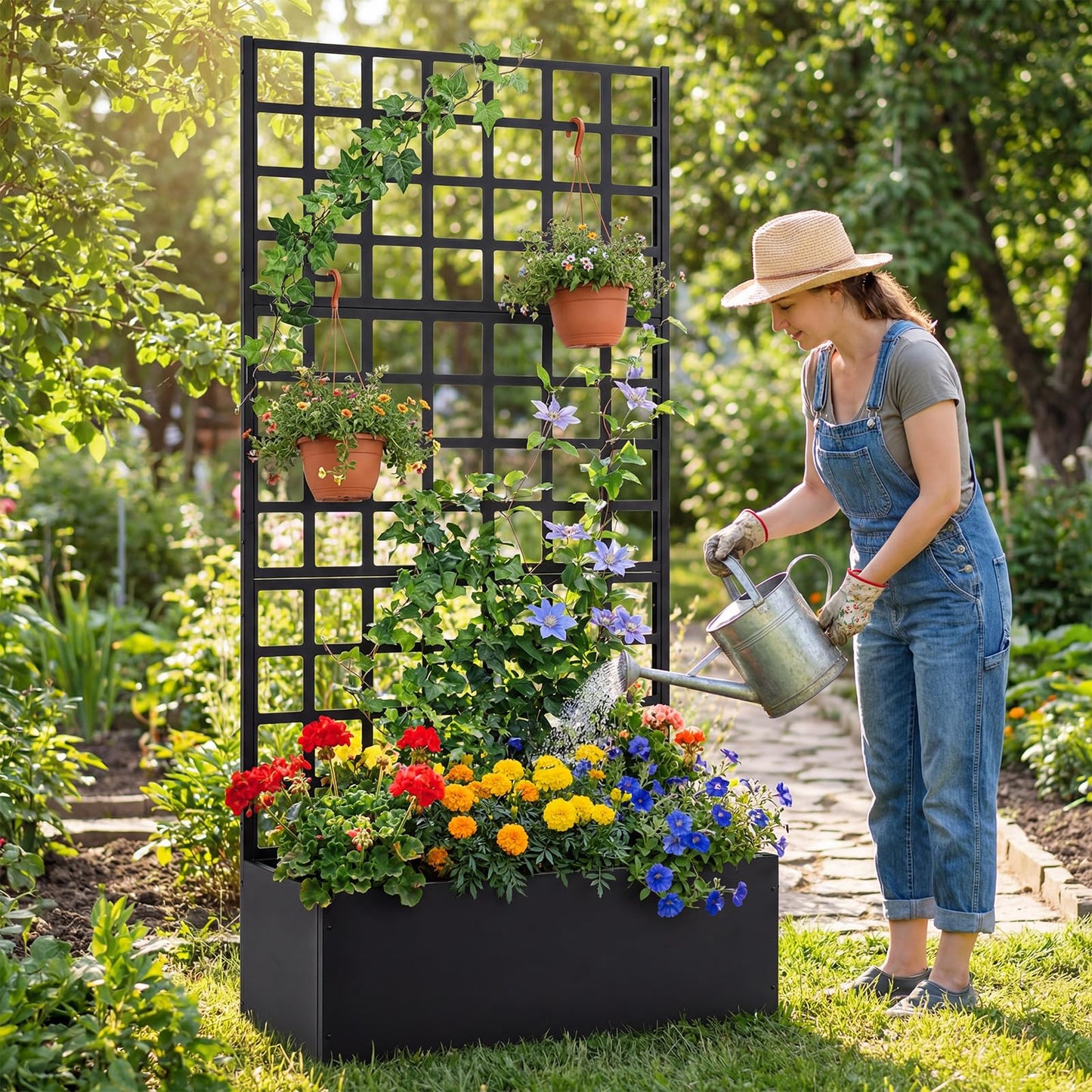 Giantex Metal Raised Garden Bed with Trellis, 36" x 16" x 77" Galvanized Planter Box w/Drainage Holes for Climbing Plants Vegetables Flowers, Outdoor Privacy Screen for Patio Backyard Balcony