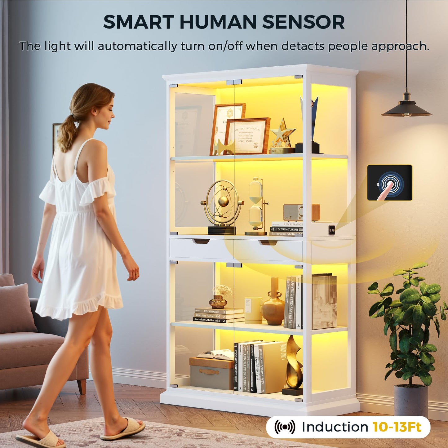 Jocoevol Display Cabinet with Glass Doors, 4-Tier Curio Cabinet with with 2 Drawers for Collectibles, Modern Glass Display Case Human Body Sensor & RGB Lights for Living/Game Room (White)
