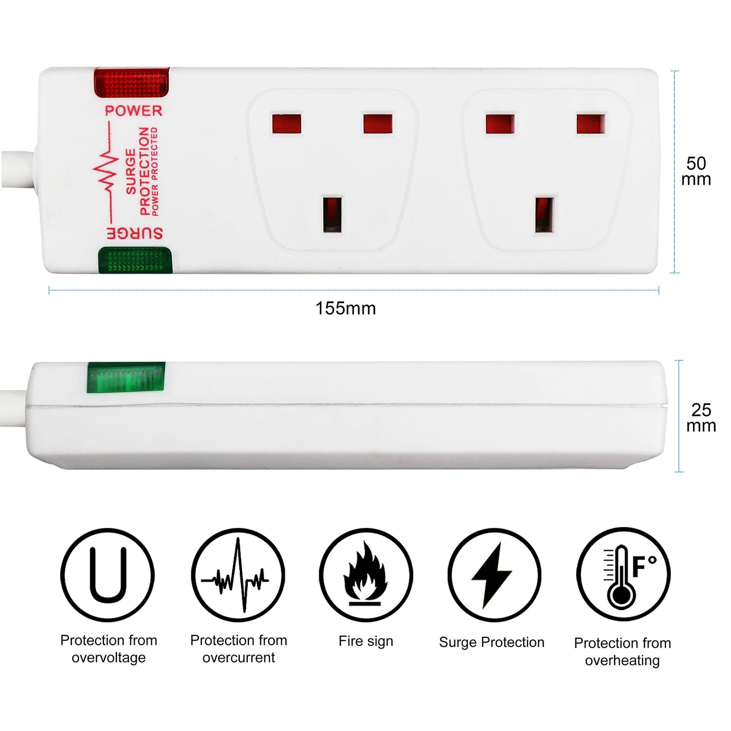 ExtraStar 2 Way Double Socket Power Mains Extension Lead 1M Metre Cable - Surge Protected British Approved 13A - White