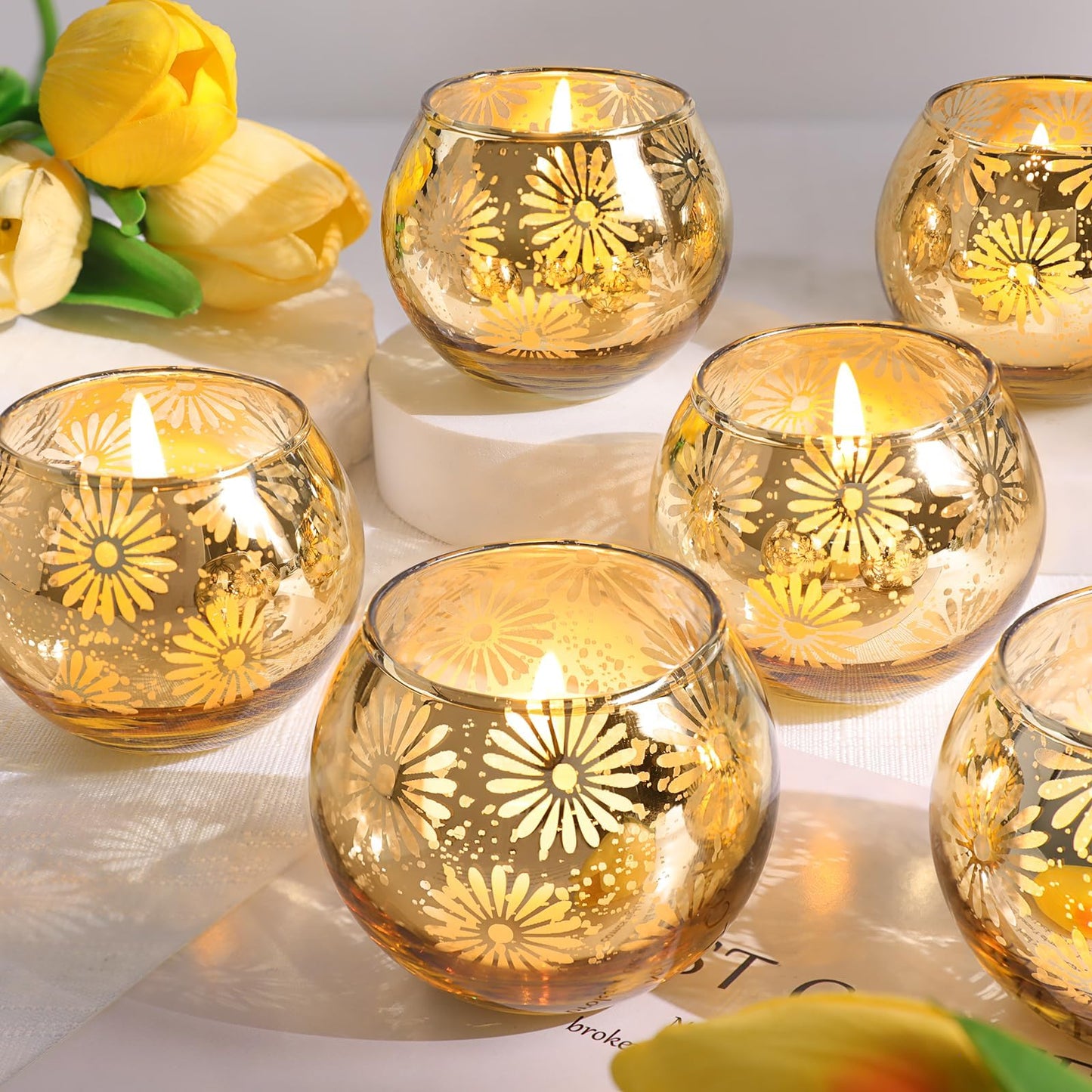 sunnyfuture Gold Mercury Glass Votive Candle Holders Set of 12, Round Tealight Candle Holders Bulk for Table Centerpieces, Weddings, Shower Gifts, Christmas, Halloween Party Decorations