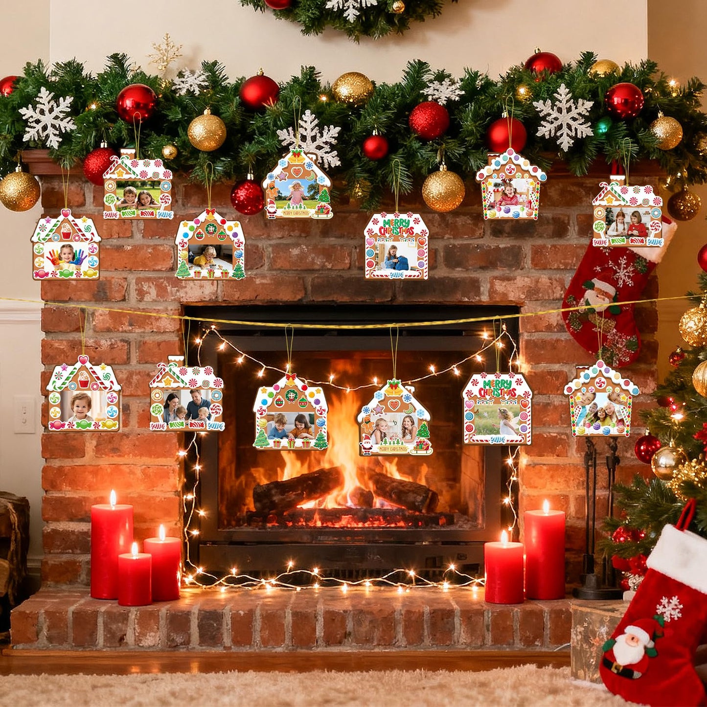 30 Packs Christmas Picture Frame Craft Kits for Kids DIY Xmas Gingerbread House Candy Photo Craft Hanging Frame gingerbread cookie Ornaments for Holiday Art Decorations Home Class Game Activities