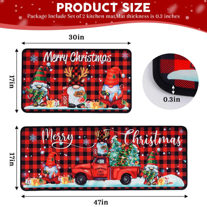 Christmas Kitchen Mats, Merry Christmas Kitchen Rugs Set of 2 - Red Black Buffalo Plaid Christmas Kitchen Decor - Gnome Truck Xmas Decorations for Floor,Bathroom,Living Room,Doorway 17"x30"+17"x47"