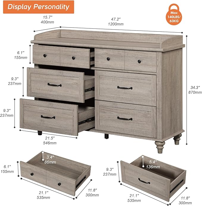 WAMPAT 6 Drawers Dresser for Bedroom, Farmhouse Wooden Chest of Drawers Baby