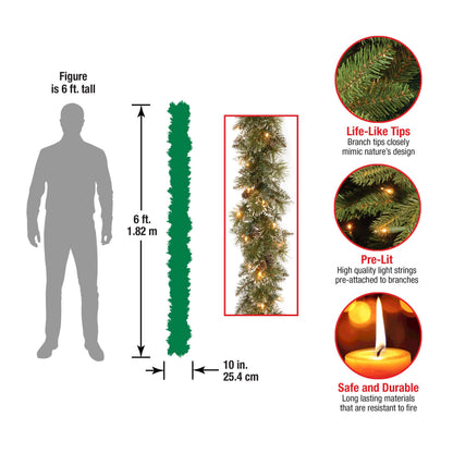 National Tree Company 6 ft Pre-Lit Glittery Bristle Artificial Christmas Garland, Christmas Decoration with Pinecones, 50 Warm White LED Lights, 138 Tips, Timer, Green