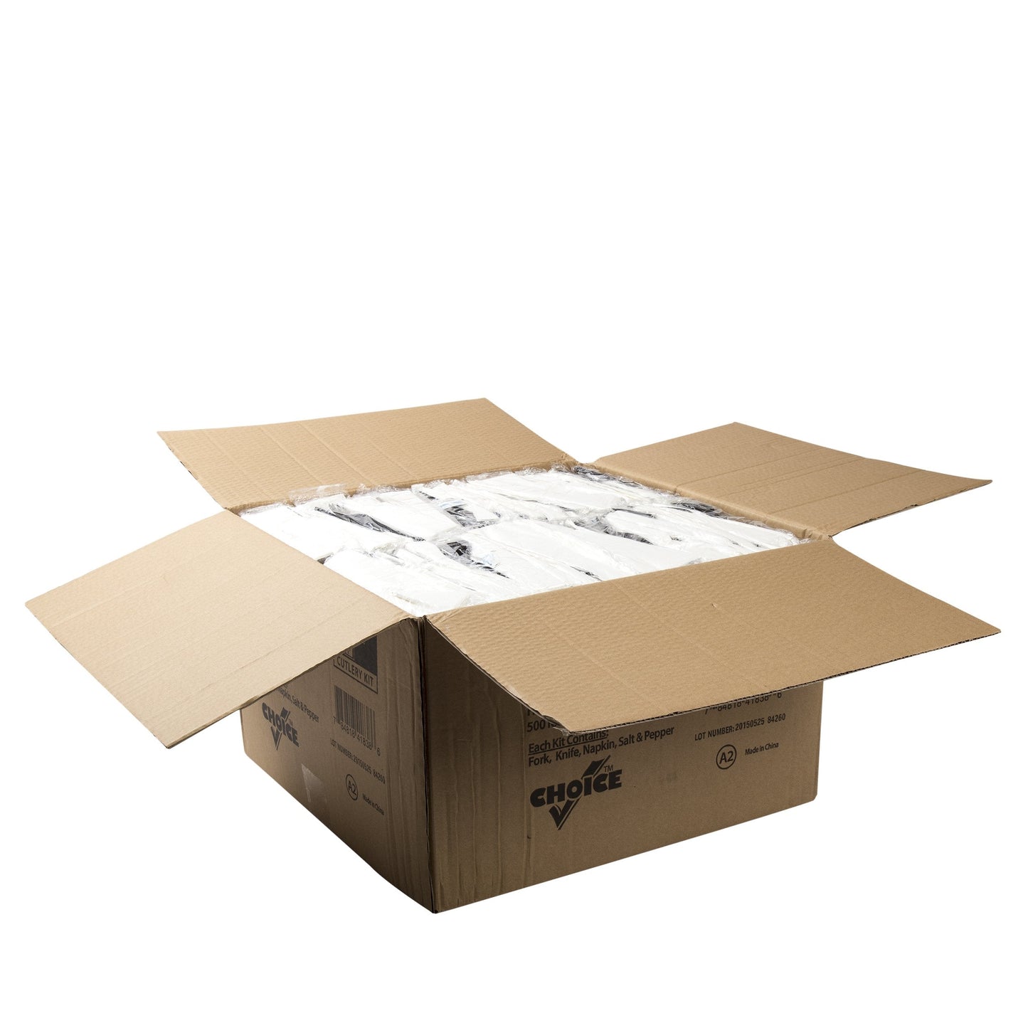 AmerCareRoyal 5-in-1 Disposable Silverware Heavy Duty Plastic Utensil Set with Fork, Knife, Salt & Pepper Packets, 12x13 inch 2-ply Napkin - Individually Wrapped Cutlery Meal Kit, Black, Case of 500