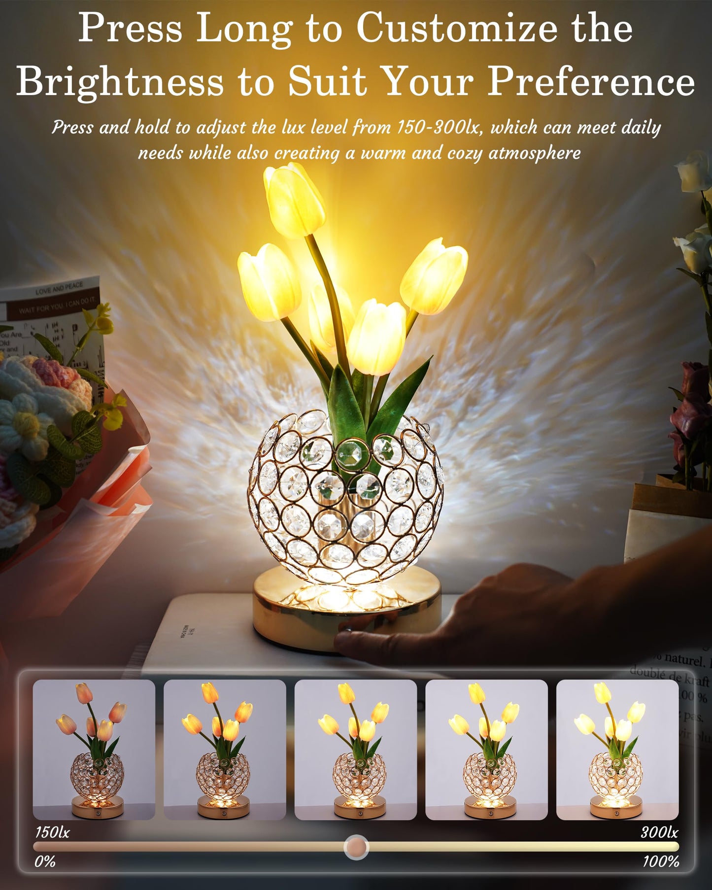 Cordless Tulip Flower Lamp, Adjutable Touch Dimming Crystal Night Light with Artificial Tulip Flower, Rechargeable LED Flower with Vase Lamp Romantic Decor for Bedside Nightstand, Gift for Mother