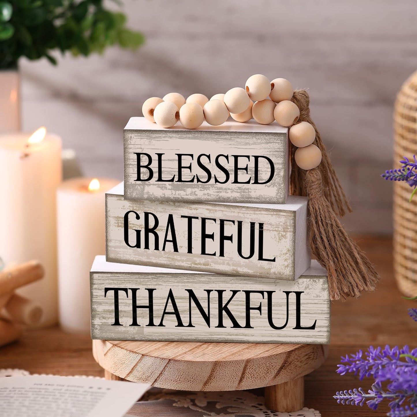 4 Pcs Farmhouse Wooden Tabletop Decor Neutral Farmhouse Tiered Tray Decor Rustic Retro Wood Bead Garland Blessed Grateful Thankful Block Sign Centerpiece for Coffee Home Office Shelf Mantle Table