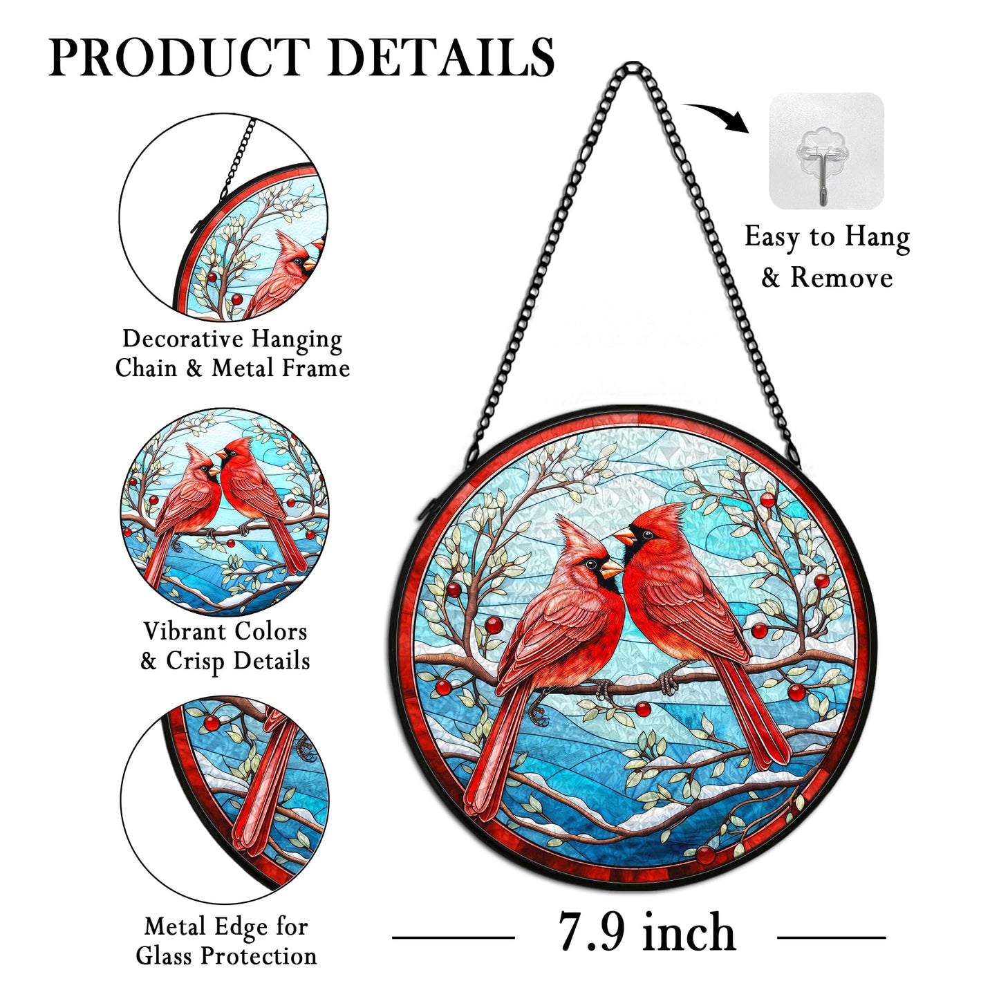 cvjutf Cardinal Suncatcher Stained Glass Window Hanging Decor, Winter Christmas Cardinal Stained Glass Wall Decor, Christmas Bird Lawn Garden Sun Catchers Indoor Window Hanging Wall Art, 7.9x7.9In