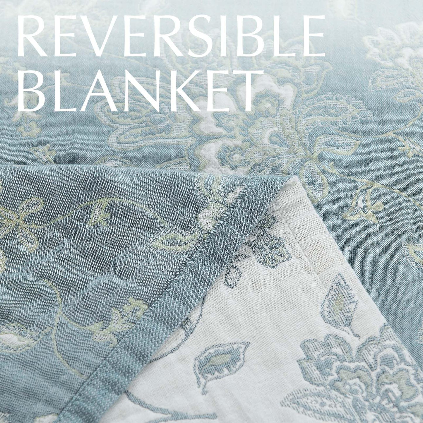 jinchan Boho 100% Cotton Muslin Twin Size 60x80 Inches Blanket Lightweight 4-Layer Quilted Soft Blue and White Floral Throw Blanket Green Accents Reversible Comfy Flower Summer Couch Bedroom Decor