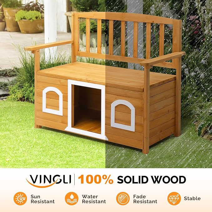 VINGLI Outdoor Storage Bench with Built-in Dog House, 2-in-1 Outdoor Waterproof Patio Bench with Pet Kennel for Patio Backyard Porch (Natural)