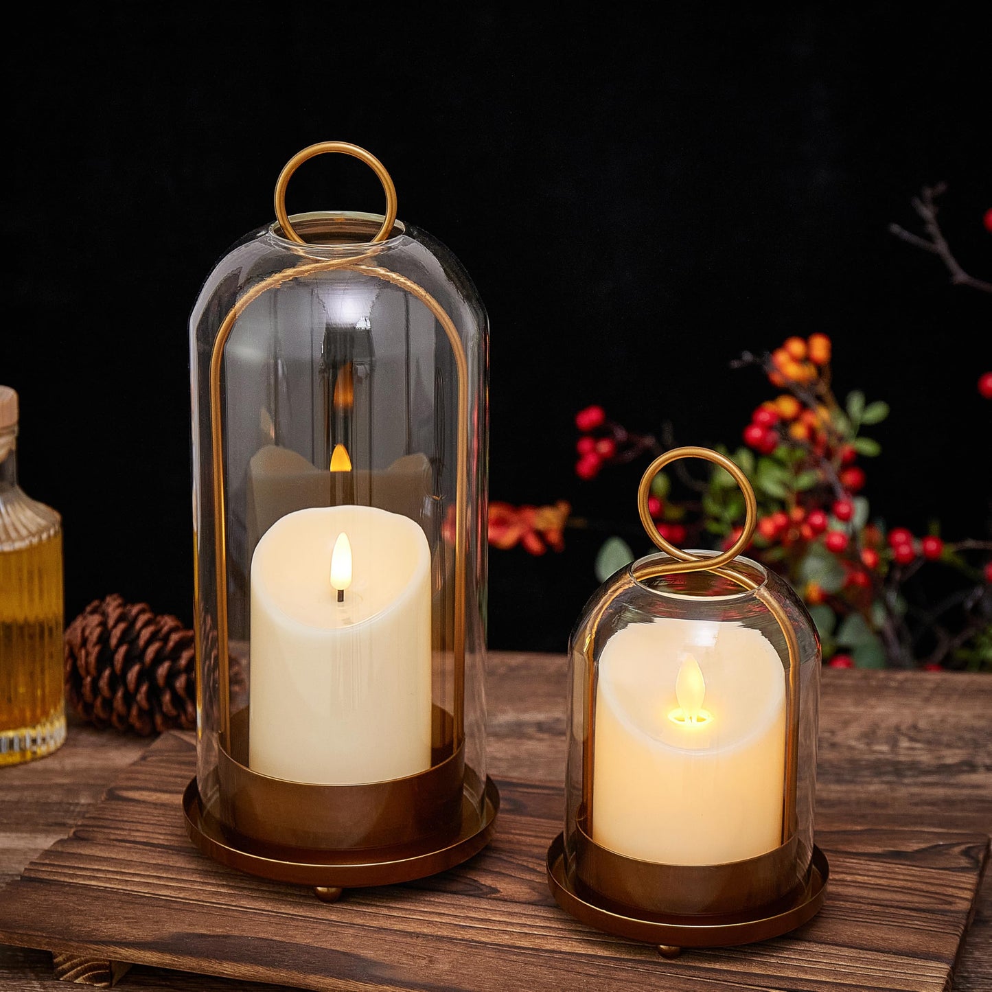 Gdfmsc Hurricane Metal & Glass Candle Holder Gold Set of 2, Decorative Candlestick Pillar Candle Holder with Clear Glass for Wedding Party Christmas Holiday Dining Table Centerpiece Lanter