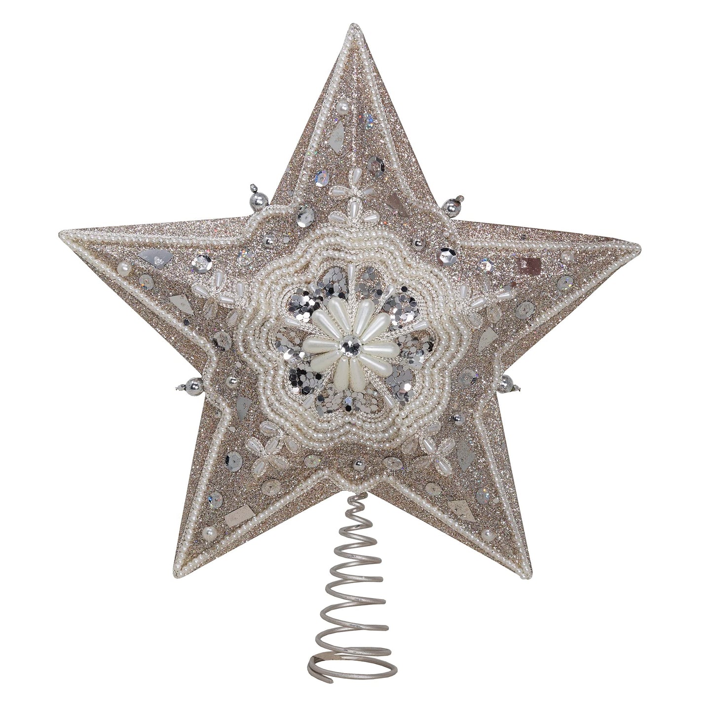 Kurt Adler Star Treetop with Ivory Pearls and Platinum Glass Glitter, 13.5-Inch