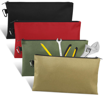 4 Pack Tool Bag, Premium Tool Pouch Zipper Bag, 12" Tool Pouch with Zipper, Multipurpose Storage Pouch with Carabiner for Tools, Stationary, Pencil Pouch, Gadgets, Cosmetics