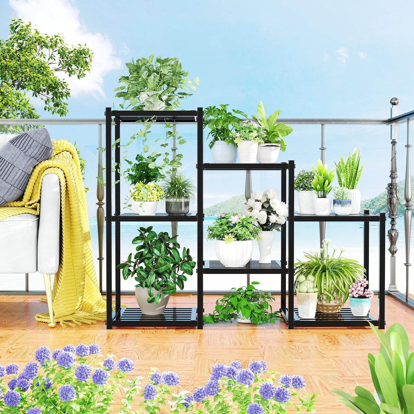 Simple Trending Plant Stand Indoor Outdoor, Heavy Duty Metal Waterproof 7 Tiered Plant Shelf for Multiple Flower Planter Holder Tall Large Rack, Black