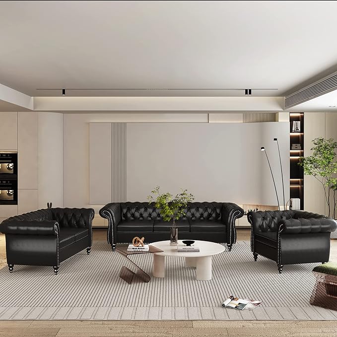 3 Piece Living Room Set, Chesterfield Leather Sofa Loveseat Couch Chair