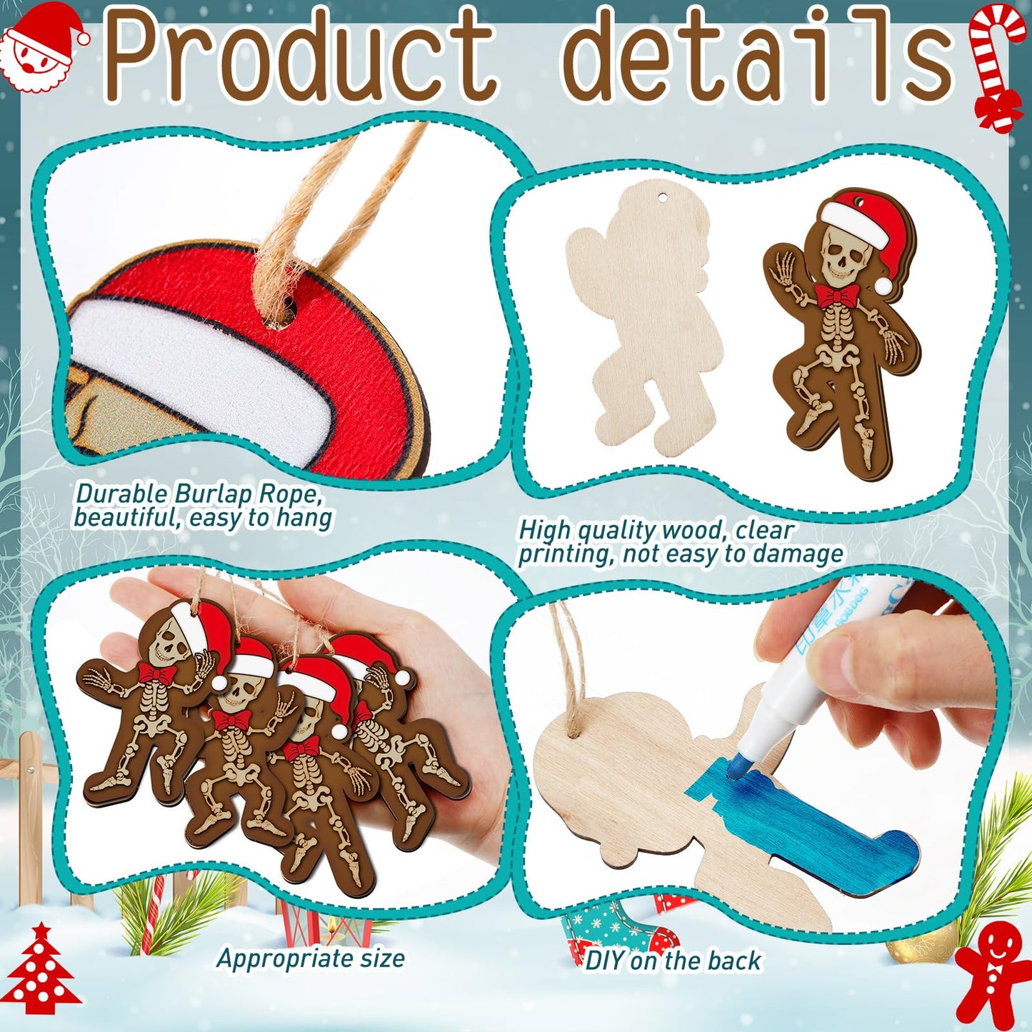 Huwena 36 Pcs Christmas Wood Ornaments Skeleton Gingerbread Man Ornaments Christmas Wooden Hanging Tree Decorations with Rope for Xmas Home Decorations