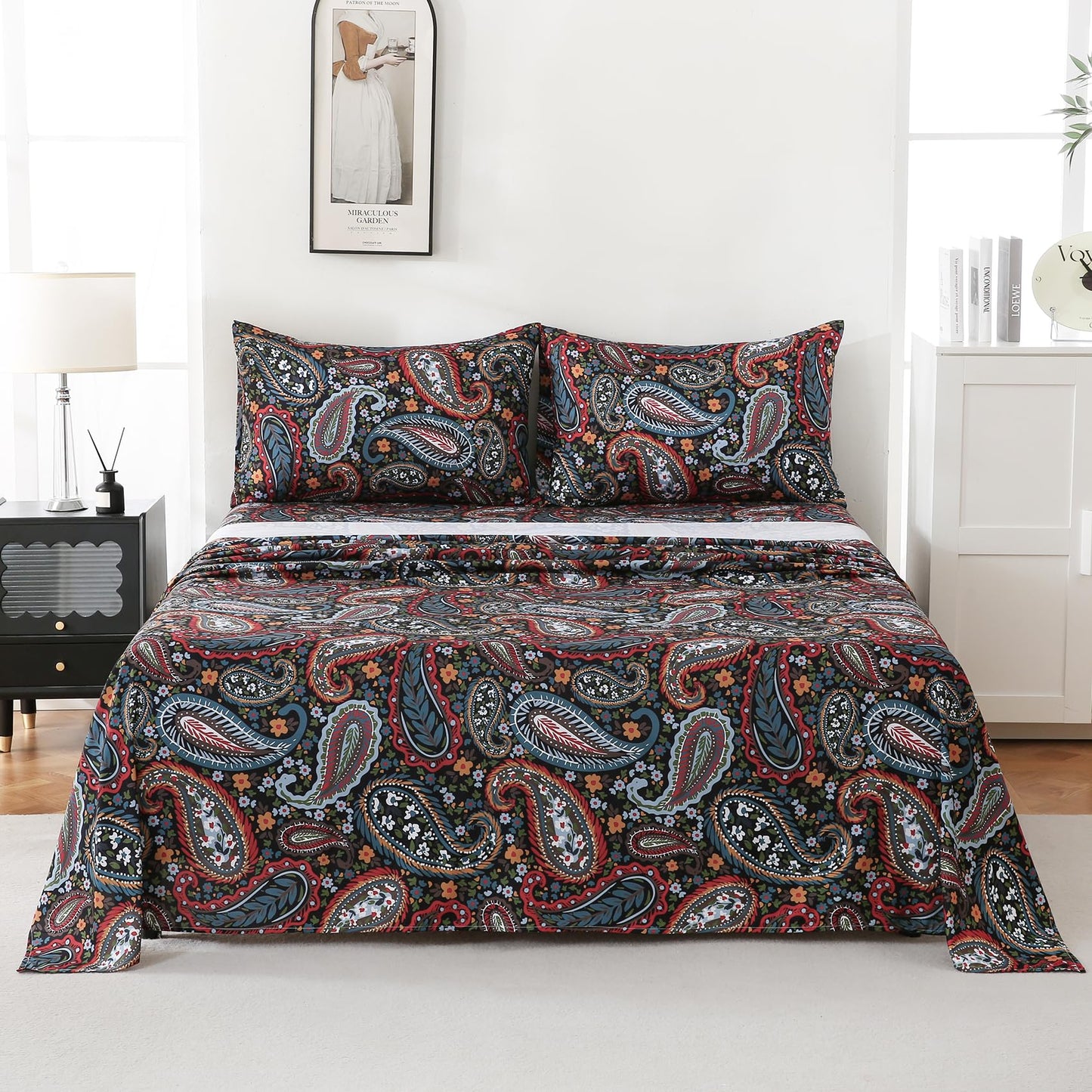 Yibeizi Queen Sheet Set Deep Pocket Queen Size Black Paisley Bed Sheets Set, Dark Floral Printed Soft Microfiber Oeko-Tex Sheets & Pillowcases Hypoallergenic Wrinkle Free Bedsheets