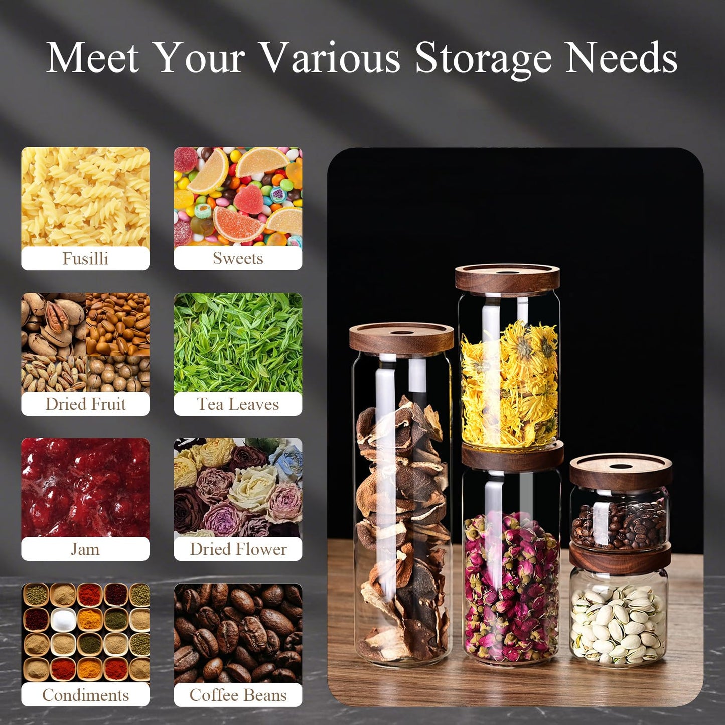 Glass Jars with Airtight Wood Lids - 11 oz Mini Kitchen Pantry Storage Containers, Stackable Decorative Canisters for Chia Seed, Sugar, Tea, Spice, Salt, Matcha, Nuts, Sauce, Cocoa powder, Set of 2