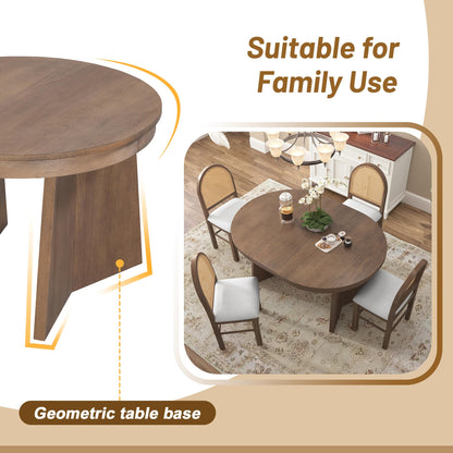 Merax Extendable Round Dining Table Set for 4, Wooden Construction with Upholstered Chairs with Rattan Backrests, Retro Style for Kitchen, Indoor Use, Walnut