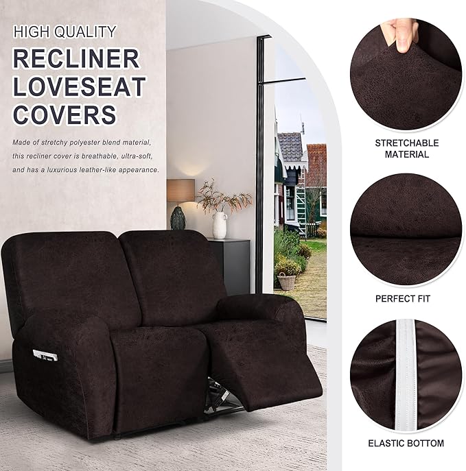ANARACHON Leather Look Loveseat Recliner Cover, 6-Pieces Stretch Dual Recliner