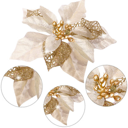 WILLBOND 36 Pieces Christmas Poinsettia Glitter Faux Flowers Christmas Artificial Flowers Tree Ornaments Topper Xmas Decorations(Gold)