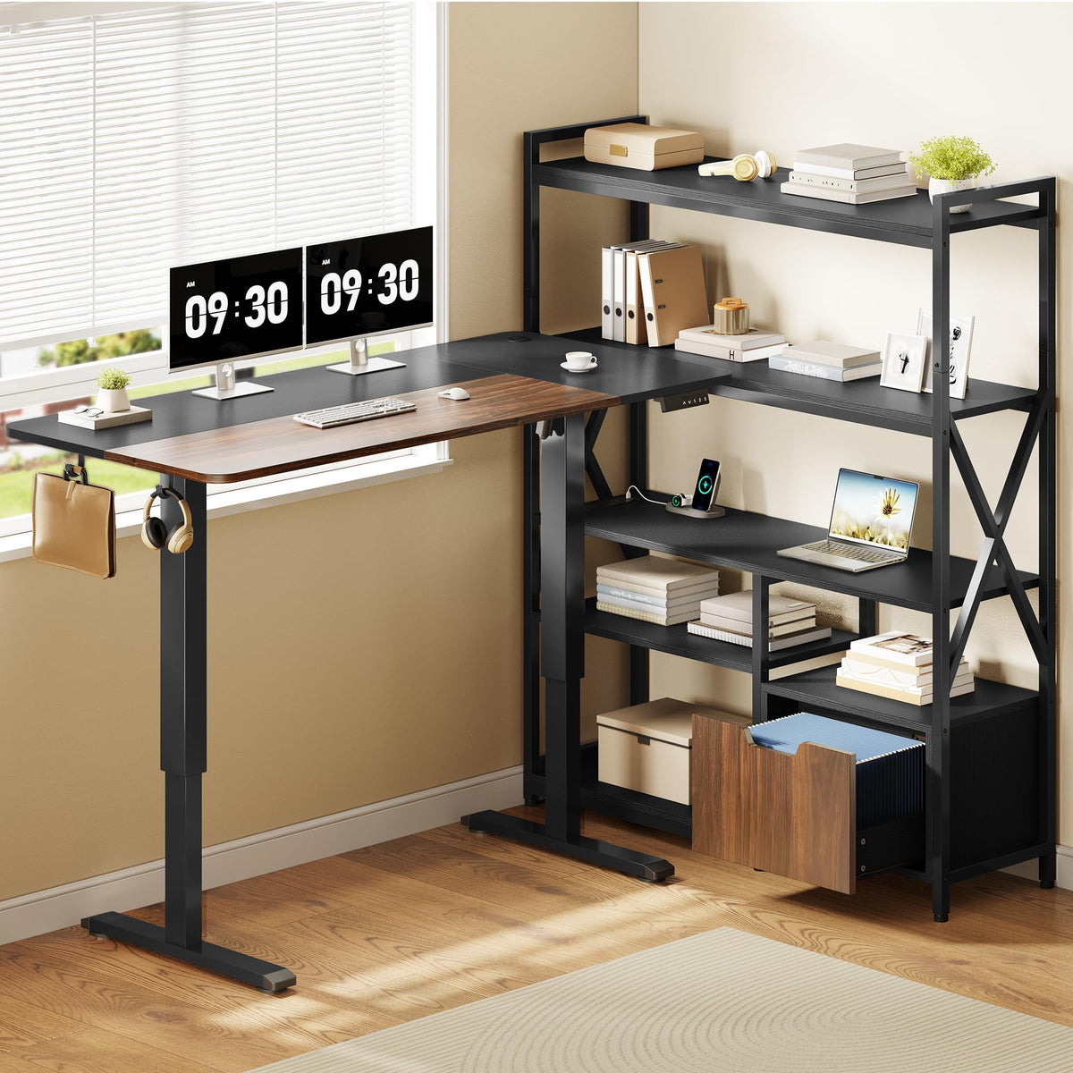 Homiflex 2-in-1 L Shaped Electric Standing Desk with Bookcase, 77.8'' Large Office Desk with Height Adjustable, File Drawer and Power Outlets, Variable Computer Desk Set for Home Office, Black