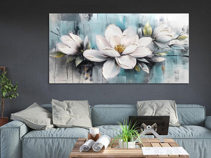 Ardemy Magnolia Wall Art for Living Room, Teal Large White Floral Canvas Wall Art Bedroom Painting Textured Picture Wall Decor Flower Artwork for Wall Decor Home Office Dining Room 40"x20"