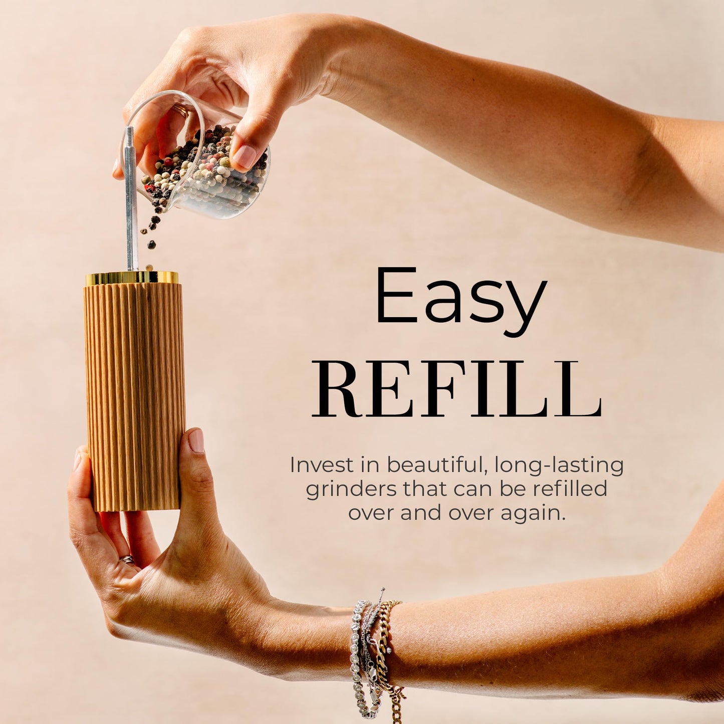 Wooden Salt and Pepper Grinder Set – Refillable Manual Salt and Pepper Mills with Adjustable Ceramic Burrs, Gold Detailing, and Wood Stand
