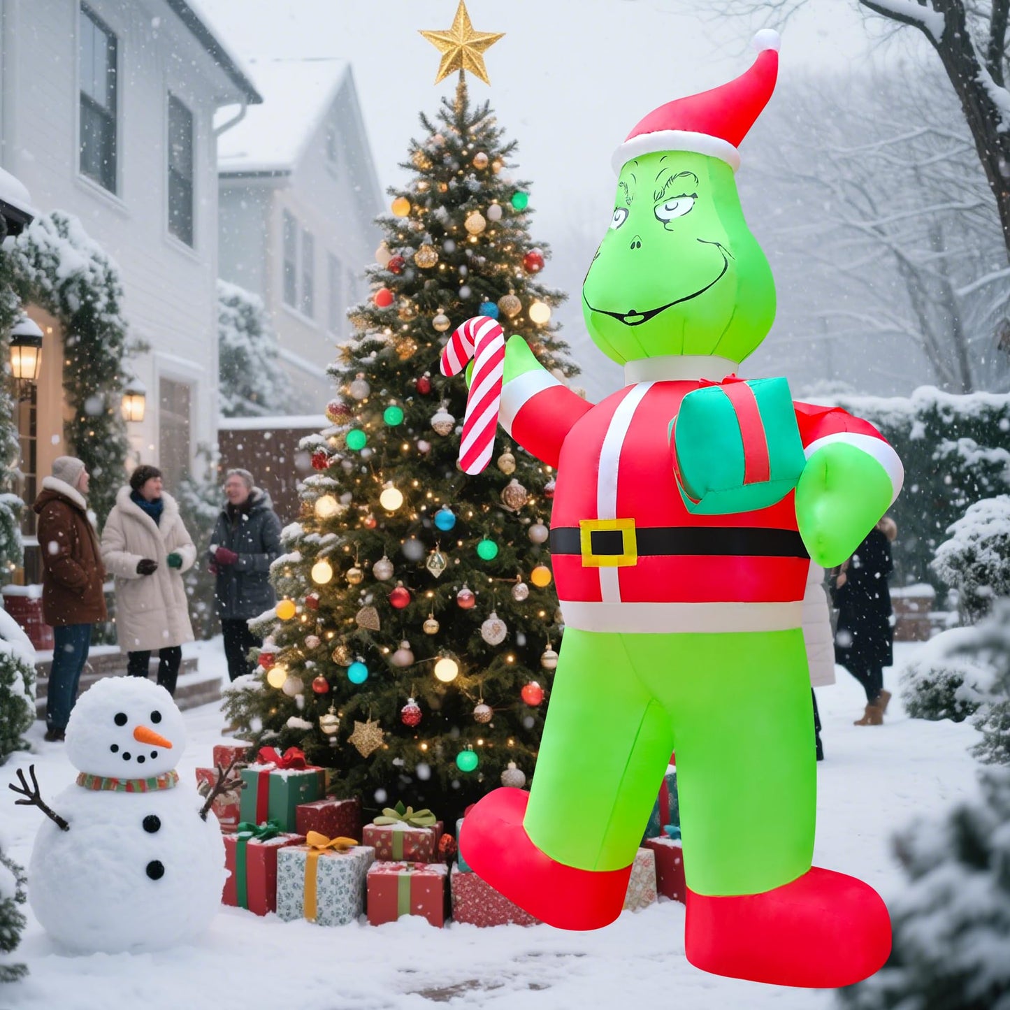 eLUUGIE 12ft Giant Christmas Inflatable Yard Decor Green Santa Monster Build-in LED Outdoor Blow up Christmas Decorations for Yard/Lawn/Garden