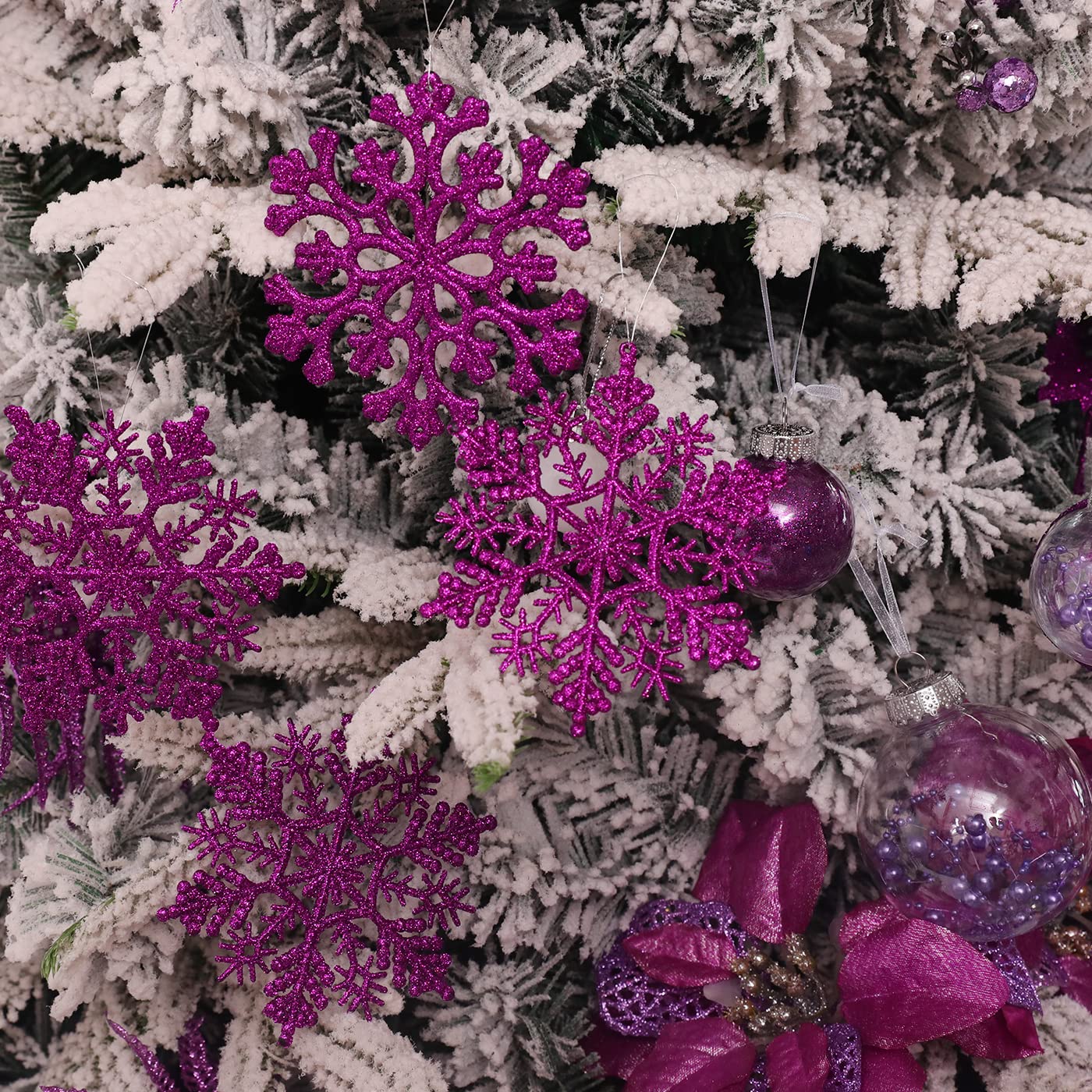 30PCS Christmas Glitter Snowflake Ornaments Plastic Snowflakes Ornaments-Xmas Tree Decorations,4.7-inch (Purple)