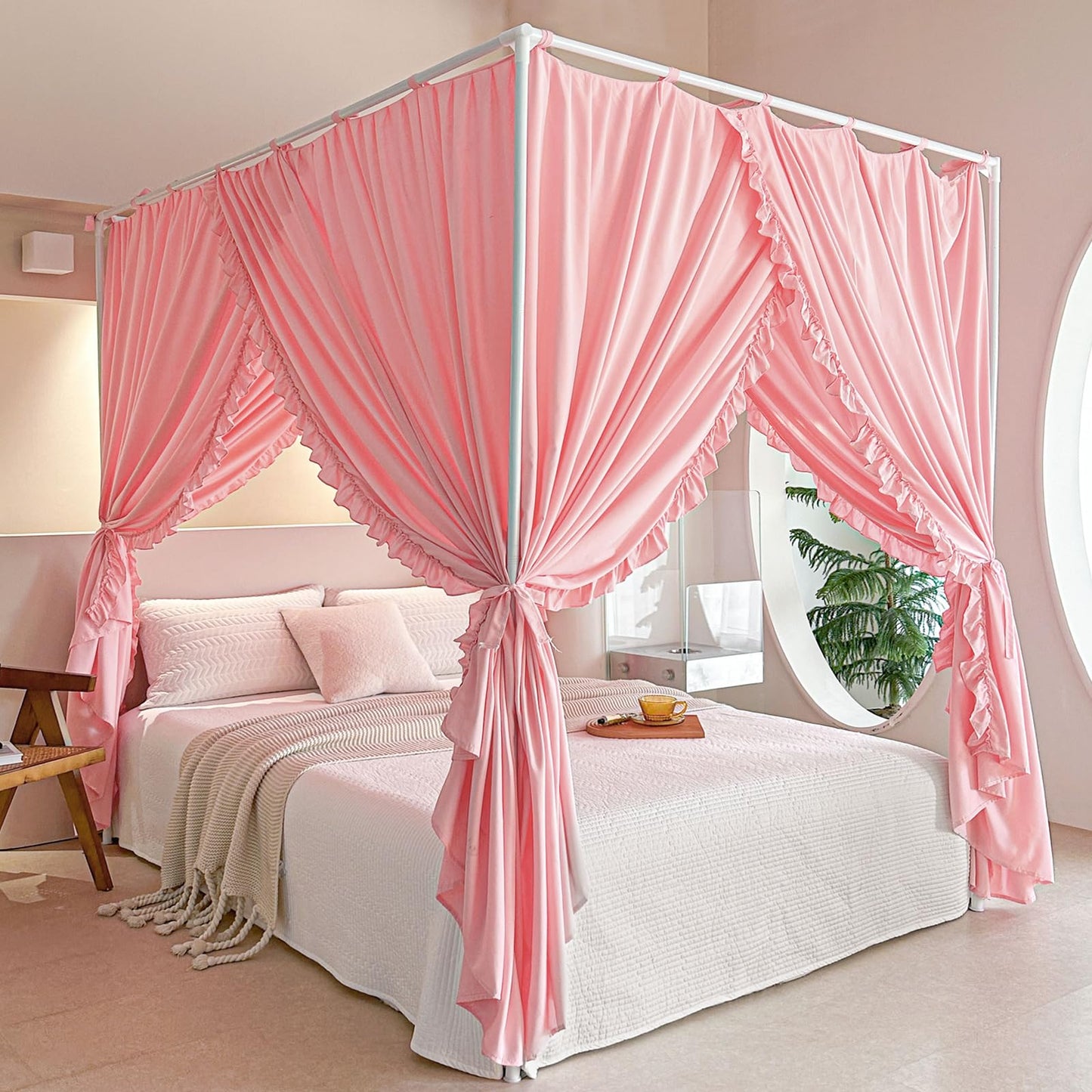 AIKASY Princess Canopy Bed Curtains with Top Ties - Windproof & Lightproof for Girls' Adult Bedroom Decor | Bed Canopy Drapes (Full,Pink)