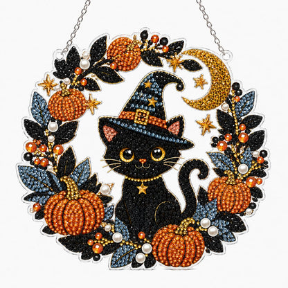 DIY Diamond Art Painting Wreath Kits，Special Shaped Rhinestone Hanging Ornament Diamond Art Window Pendants for Gift Home Garden Wall Hanging Kits,Double Sided (Halloween Black Cat)