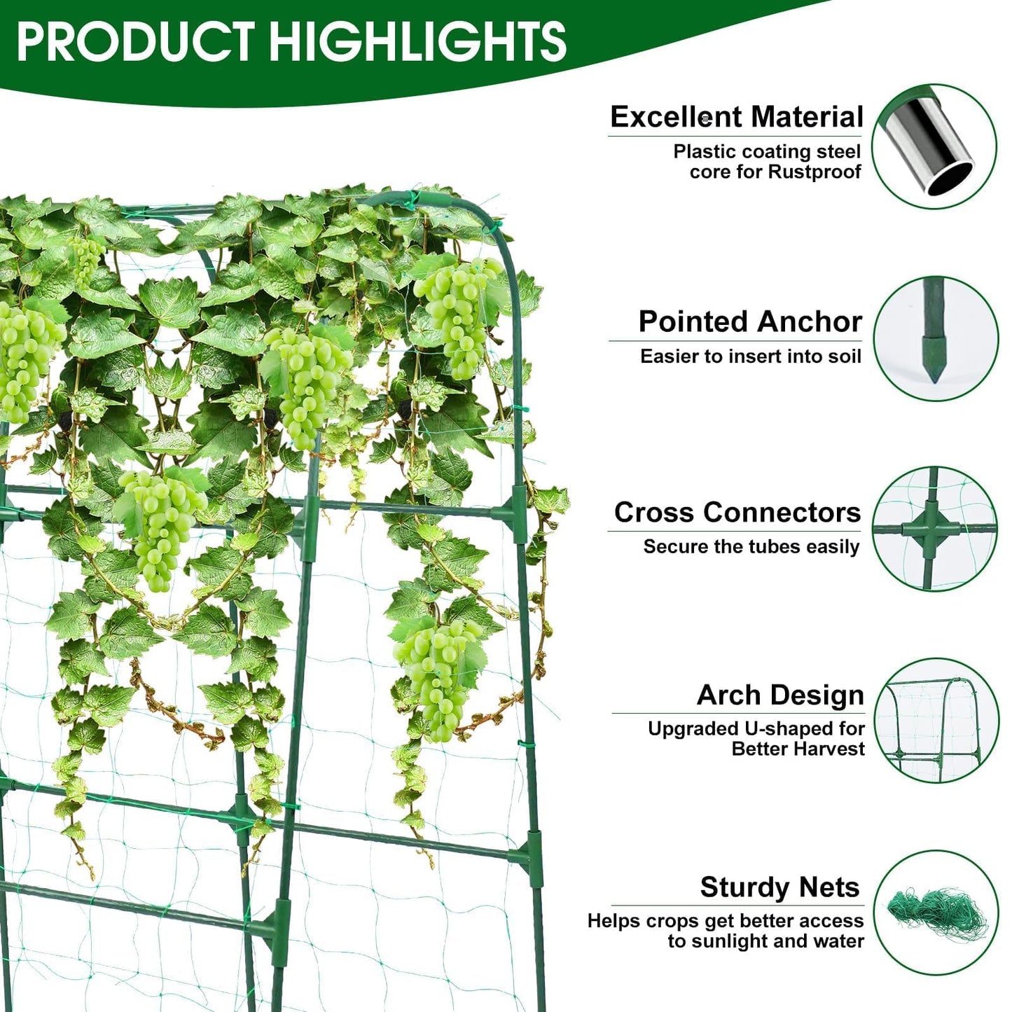OTOSUNNY Garden Trellis for Climbing Plants Outdoor, Cucumber Trellis for Raised Bed Garden, Arch Trellis Support for Cucumbers Tomatoes Beans Peas, 50x48 inch, Metal Trellis with Netting, Green