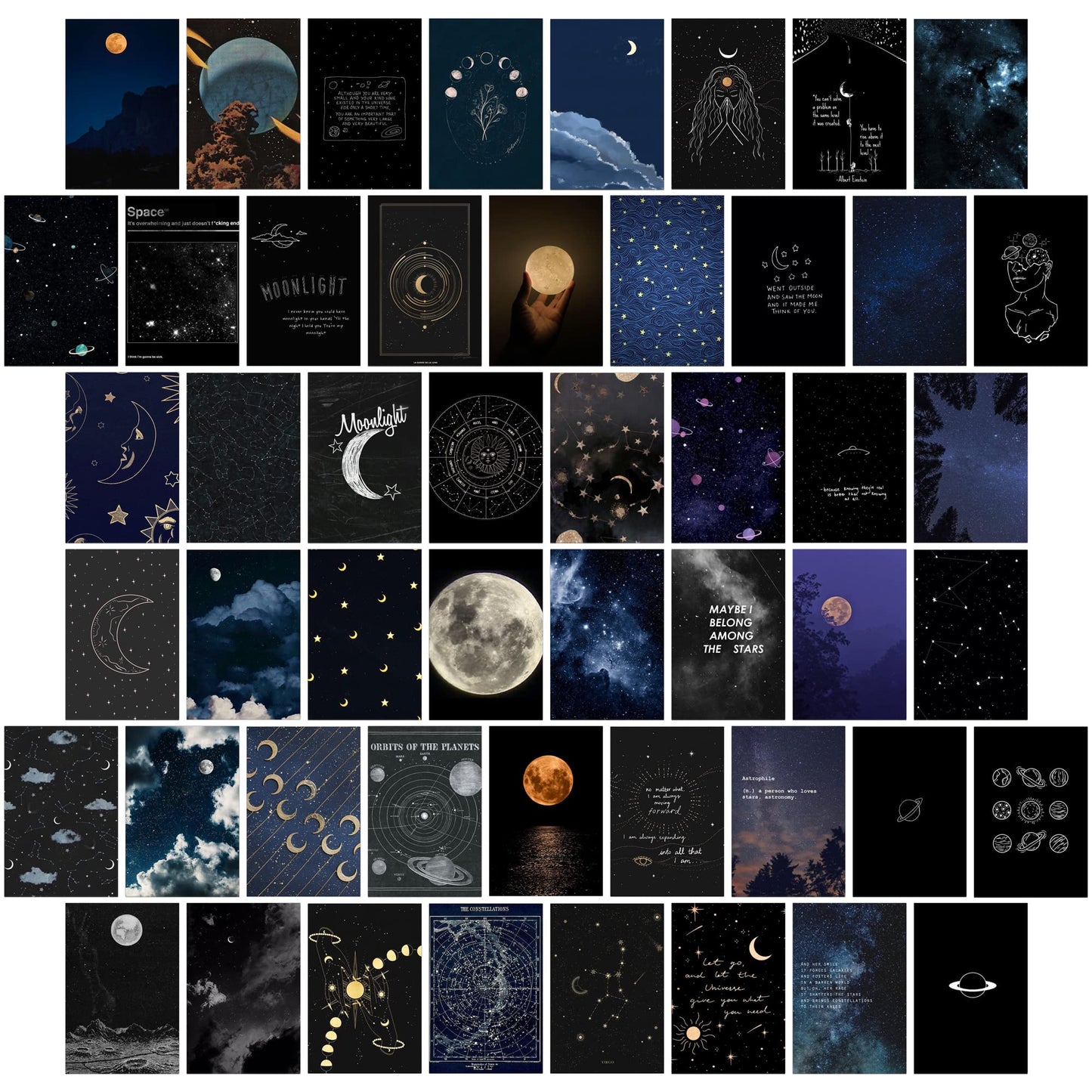 wall67 Astronomy Wall Collage Kit Aesthetic Pictures, Moon Stars Photo Collage Kit Dorm Room Decor for Teen Boy Girl, Moonlight Aesthetic Room Decor Photo Collection for Bedroom (50pcs 4x6 inch)