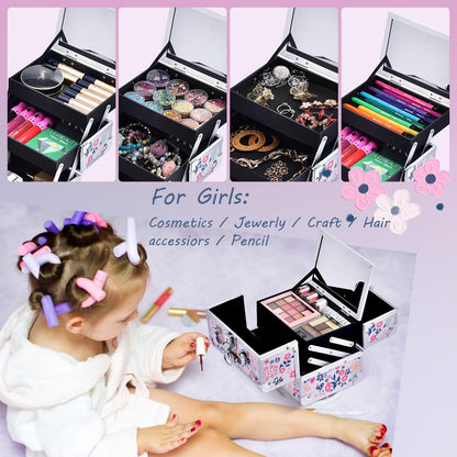 Joligrace Girls Makeup Box with Mirror Cosmetic Case Jewelry Organiser Light Weight Lockable with Keys (Beige Disty Florals)