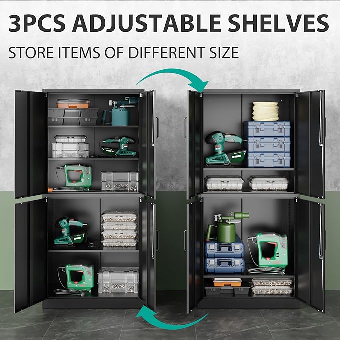 Metal Storage Cabinet with 3 Adjustable Shelves and 4 Doors, Steel Tool Cabinets